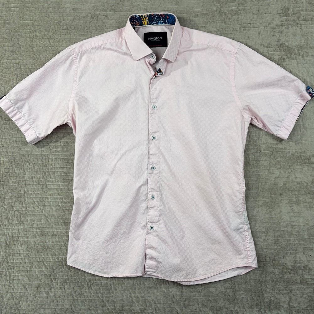 Maceoo Mens Pink Italian Jacquard Short Sleeve Button Up Shirt Size 4 L Large